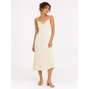 Vintage 90s Cream Crinkle Midi Dress M 8 10 Rosette Fairy Romantic Ethereal